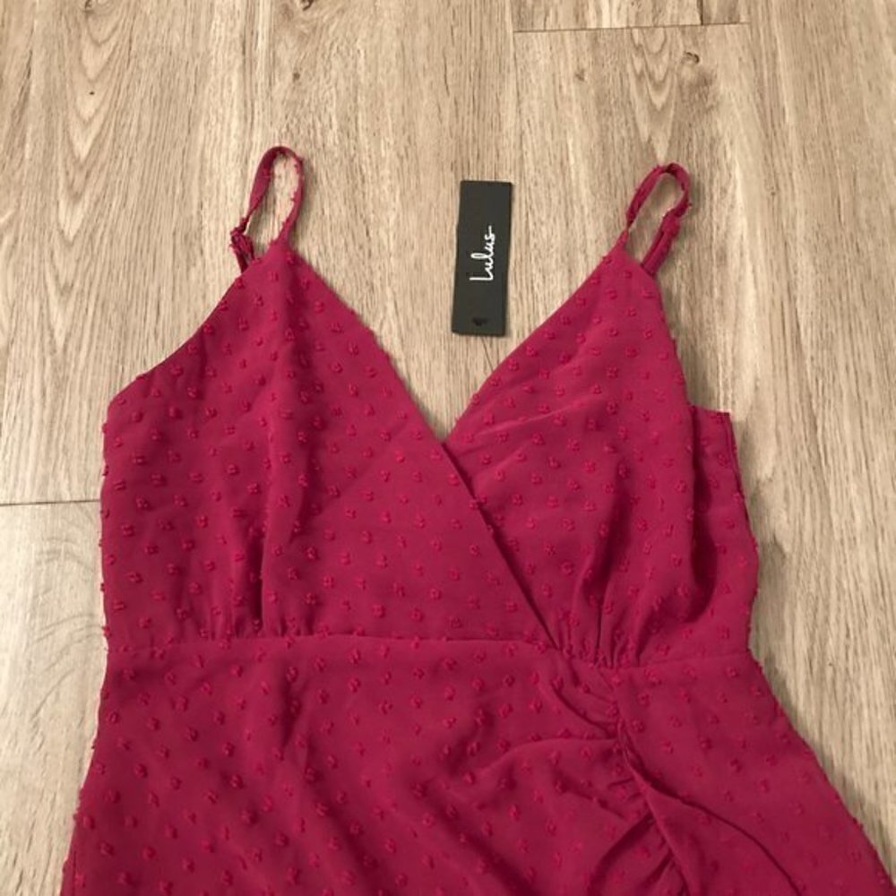 Lulu's For Us to Dance Magenta Swiss Dot Ruffled Midi Dress Size S NWT - Picture 4 of 12